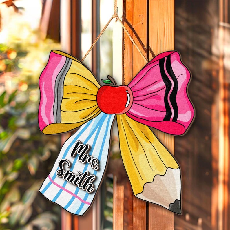 Custom Name Teacher Door Sign, Personalized Bow Tie Teacher Door Hanger, Back To School Classroom Welcome Wooden Sign, Teacher's Day Gifts