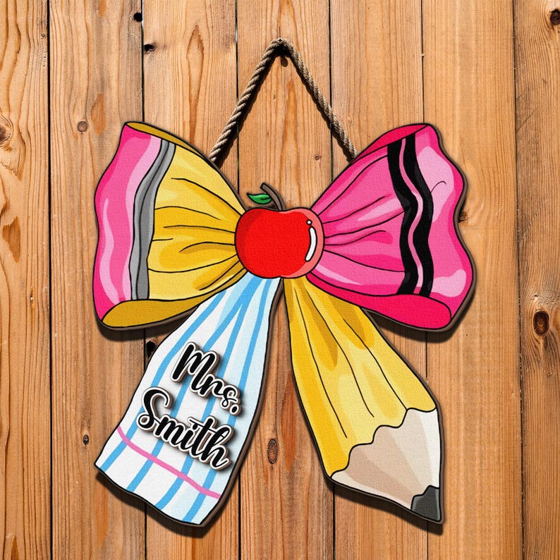 Custom Name Teacher Door Sign, Personalized Bow Tie Teacher Door Hanger, Back To School Classroom Welcome Wooden Sign, Teacher's Day Gifts