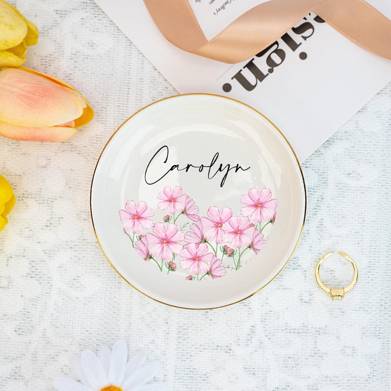 Personalized Birth Flower Garden Ring Dis, Jewelry Dish, Romantic Flower Ring Dish for Friends, Wedding Party Gift for Bridesmaid, Birthday