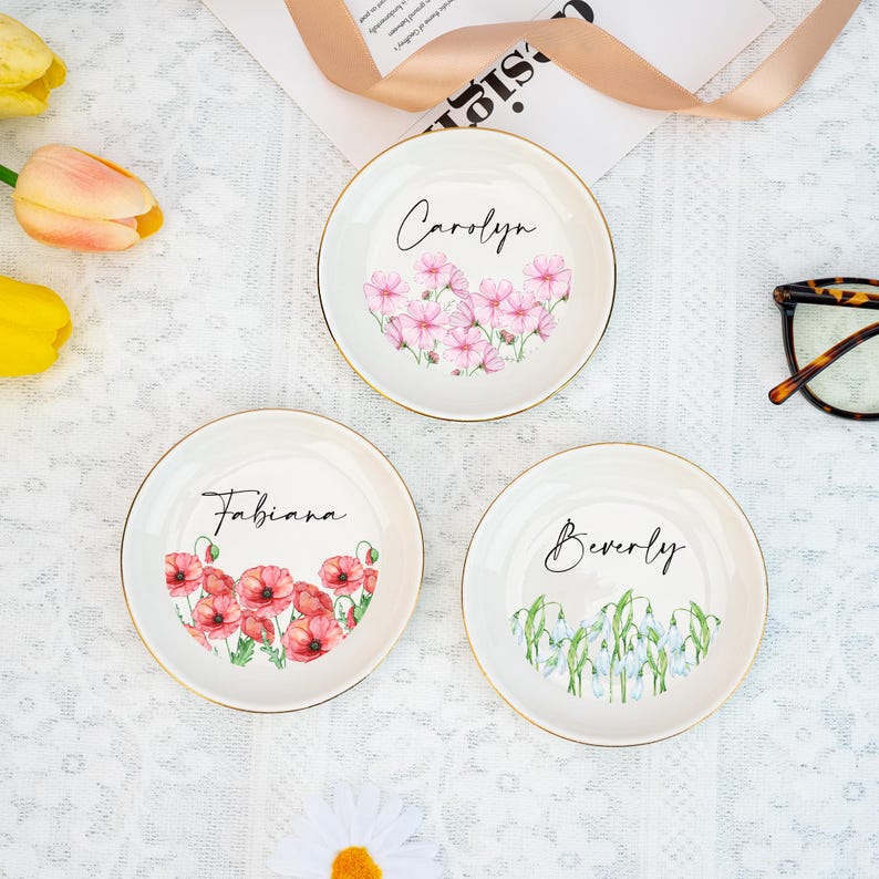 Personalized Birth Flower Garden Ring Dis, Jewelry Dish, Romantic Flower Ring Dish for Friends, Wedding Party Gift for Bridesmaid, Birthday