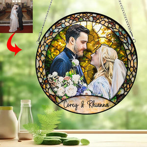 Custom Photo Stained Glass Suncatcher, Wedding Anniversary Valentine Gift, Couple Personalized Window Hanging Suncatcher, For Husband Wife