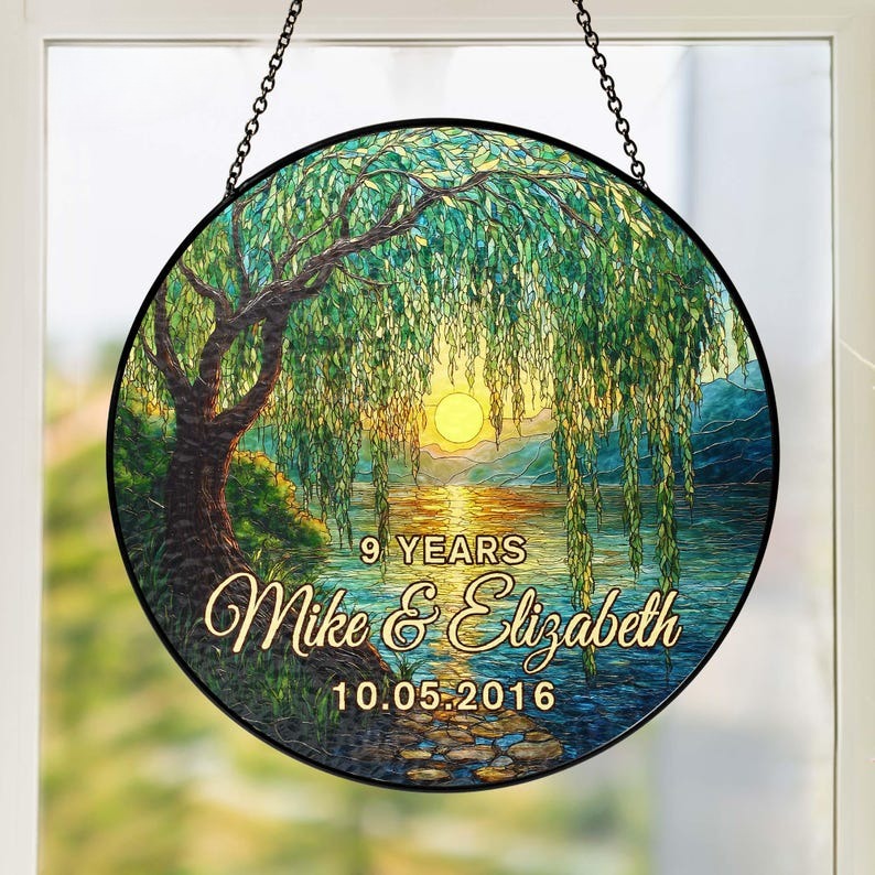 9th Anniversary Willow Stained Glass Suncatcher, Willow Tree 9 Year Anniversary Gift, 9th Anniversary Gift, Wedding Anniversary Gift For Her