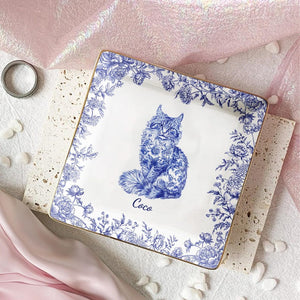 Cat Lover Chinoiserie Toile De Jouy Style, Personalized Jewelry Dish, Cat Mom Gift,Custom Cat Breed Ring Dish, Cat Mom Cat Dad Trinket Tray
