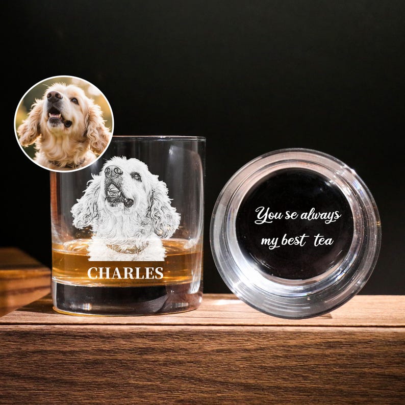 Personalized Photo on Whiskey Glass, Custom Pet Portrait Engraved on Whiskey Glass, Engrave Your Handwritten Gift Message with Dog Cat Photo on Glass