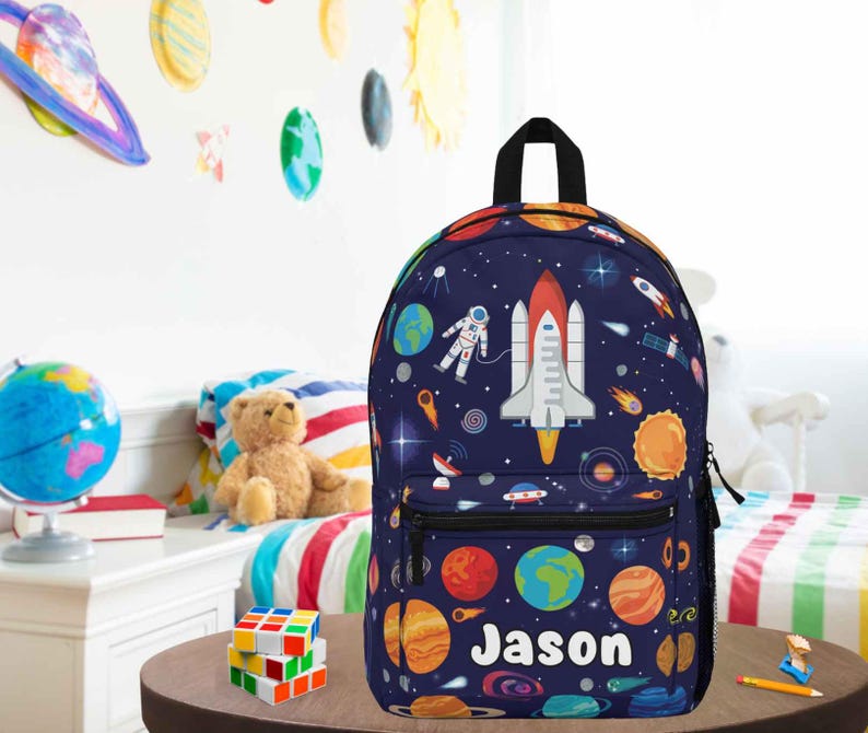 Space Backpack, Personalized Spaceship bag for kids, Outerspace lover gift for son or boys, Spaceship carry all knapsack, Astronaut bookbag