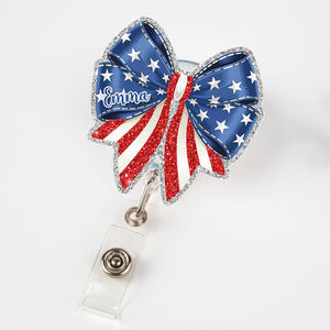 Custom American Bow Badge Reel, Faux Glitter USA Bow Badge Reel, 4th July Bagde Reel, American Flag Gift, Nurse Badge Reel, Gift For Nurse