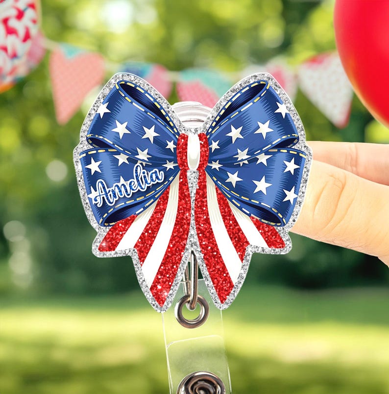 Custom American Bow Badge Reel, Faux Glitter USA Bow Badge Reel, 4th July Bagde Reel, American Flag Gift, Nurse Badge Reel, Gift For Nurse