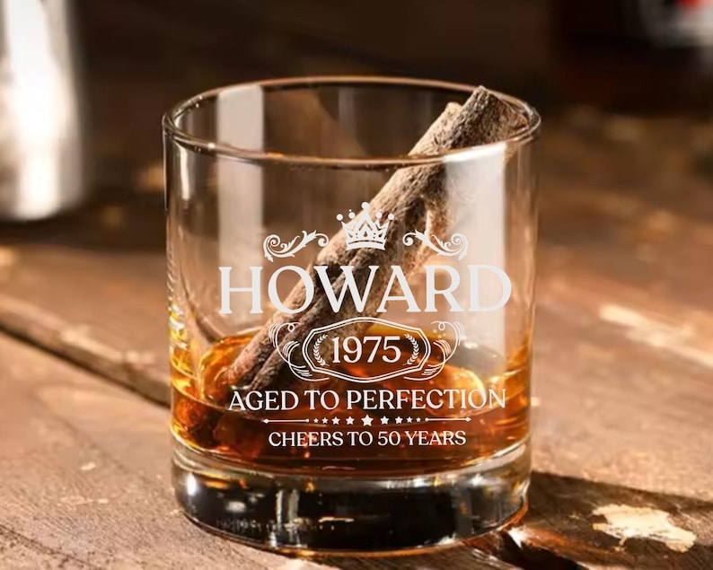 Personalized Cheers to 50 Years laser-engraved Whiskey Rocks Glass, Custom Bourbon Gift For Men, 50th Birthday, Aged to Perfection.
