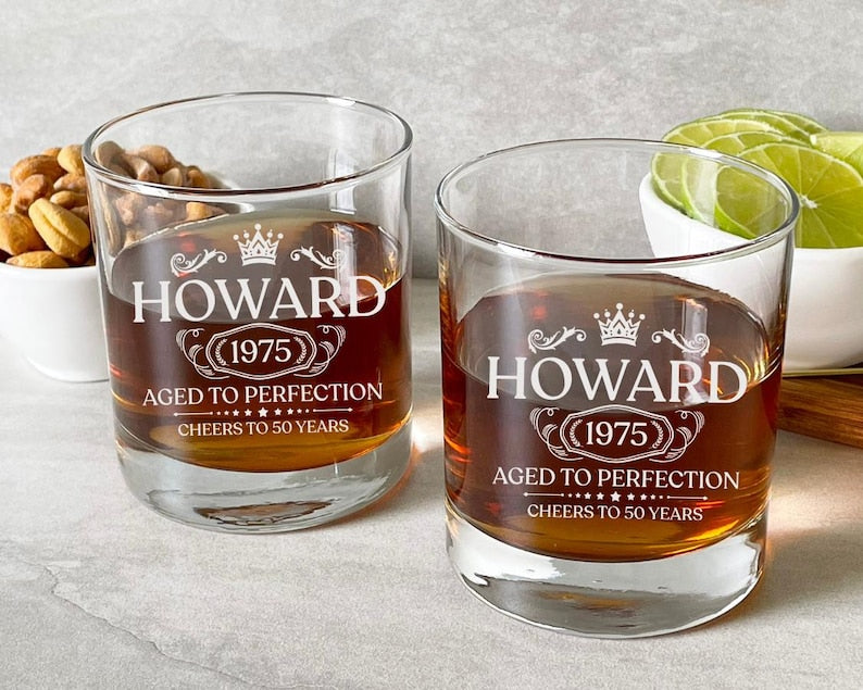 Personalized Cheers to 50 Years laser-engraved Whiskey Rocks Glass, Custom Bourbon Gift For Men, 50th Birthday, Aged to Perfection.