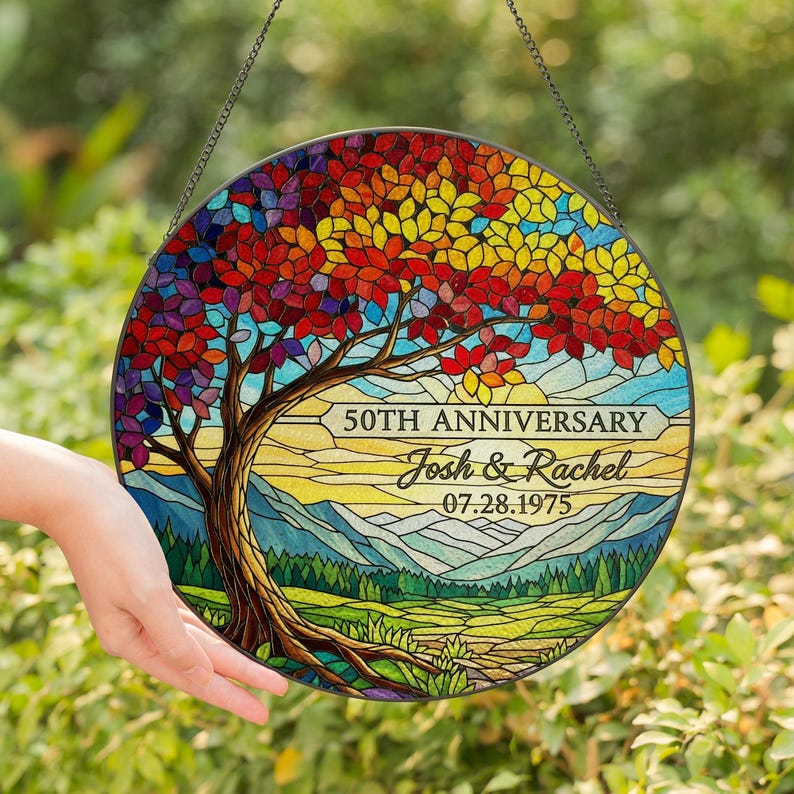 Personalized Tree Glass Suncatcher, 50th Anniversary Gift, Custom Glass Art, Stained Glass Window Decor, Family Tree Keepsake
