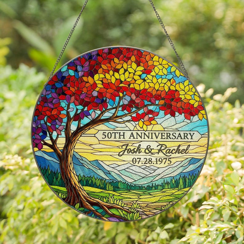 Personalized Tree Glass Suncatcher, 50th Anniversary Gift, Custom Glass Art, Stained Glass Window Decor, Family Tree Keepsake