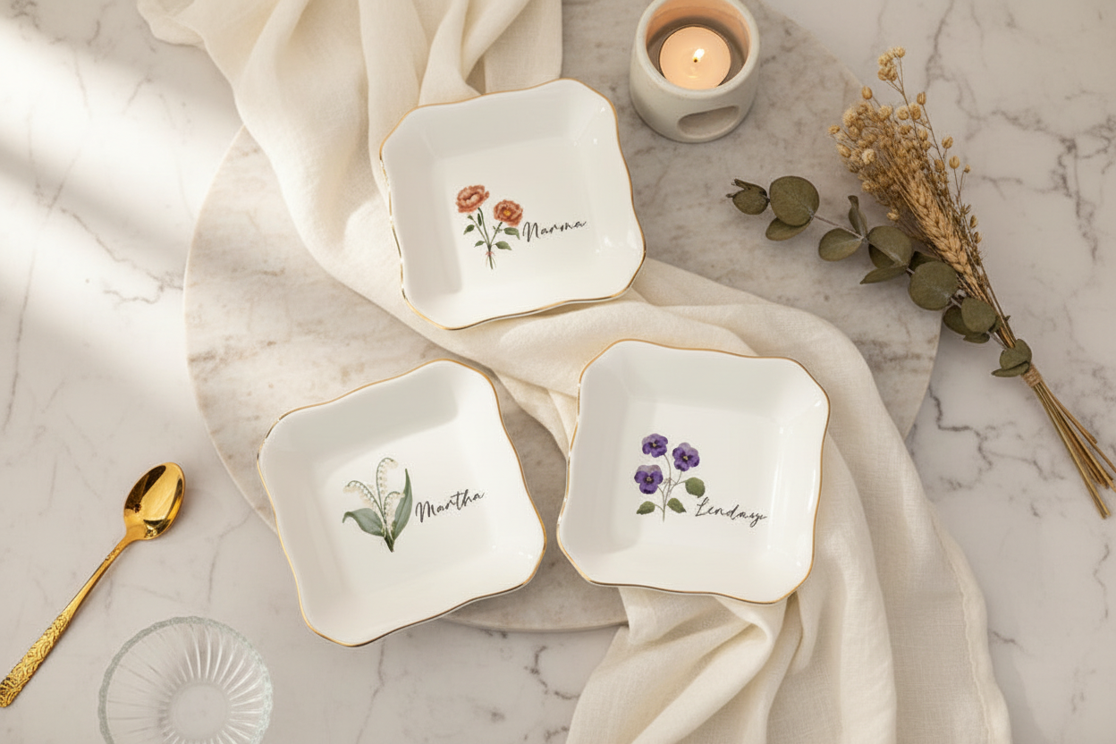 Personalized Birth Flower Jewelry Dish,Custom Name Trinket Tray,Mother's Day Gift,Birthday Gift For Mom Bestie Grandma Nana,Bridesmaid Gifts