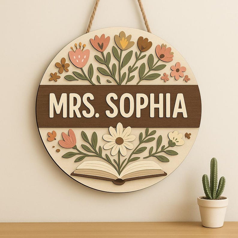 Custom Teacher Door Sign with Name, Floral Classroom Wall Decor, Personalized Wood Round Sign for School, Reading Nook or Office