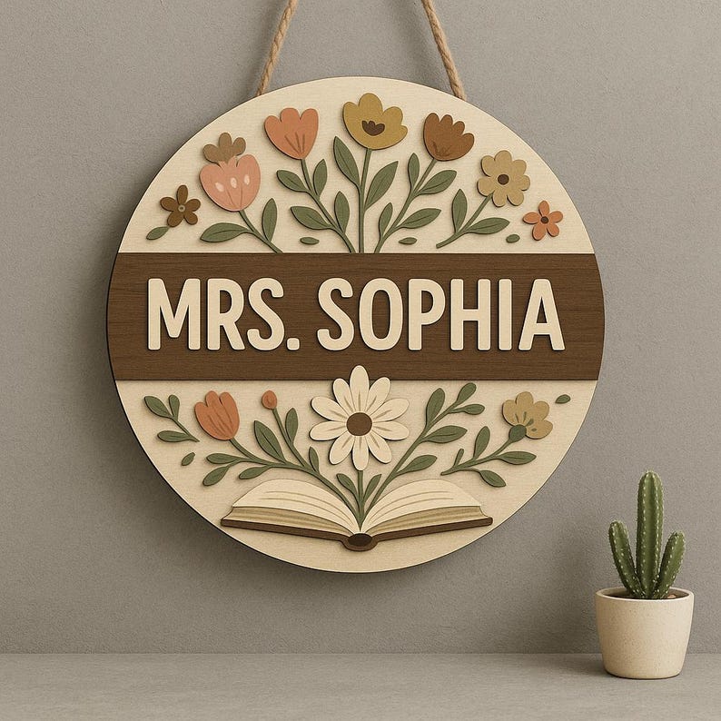 Custom Teacher Door Sign with Name, Floral Classroom Wall Decor, Personalized Wood Round Sign for School, Reading Nook or Office