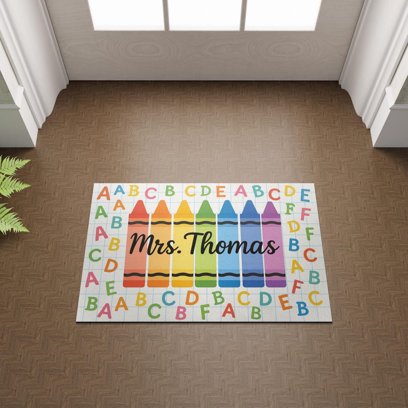Crayon Alphabet Teacher Doormat, Custom Classroom Rug, Personalized Back to School Mat, Classroom Welcome Floor Decor