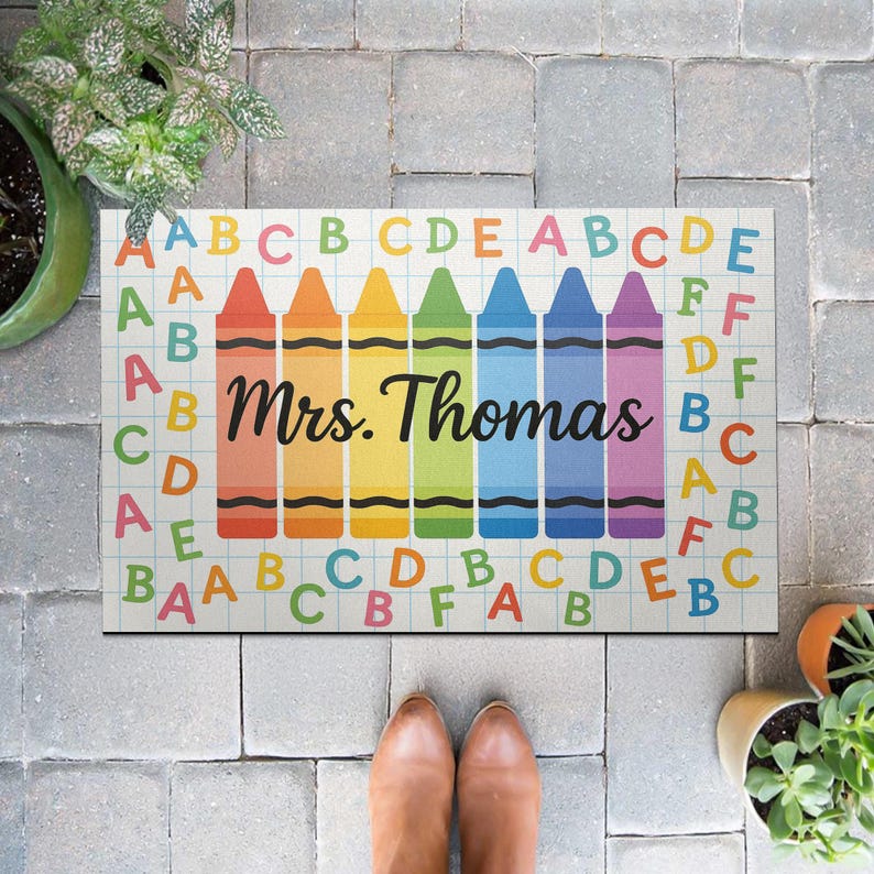 Crayon Alphabet Teacher Doormat, Custom Classroom Rug, Personalized Back to School Mat, Classroom Welcome Floor Decor