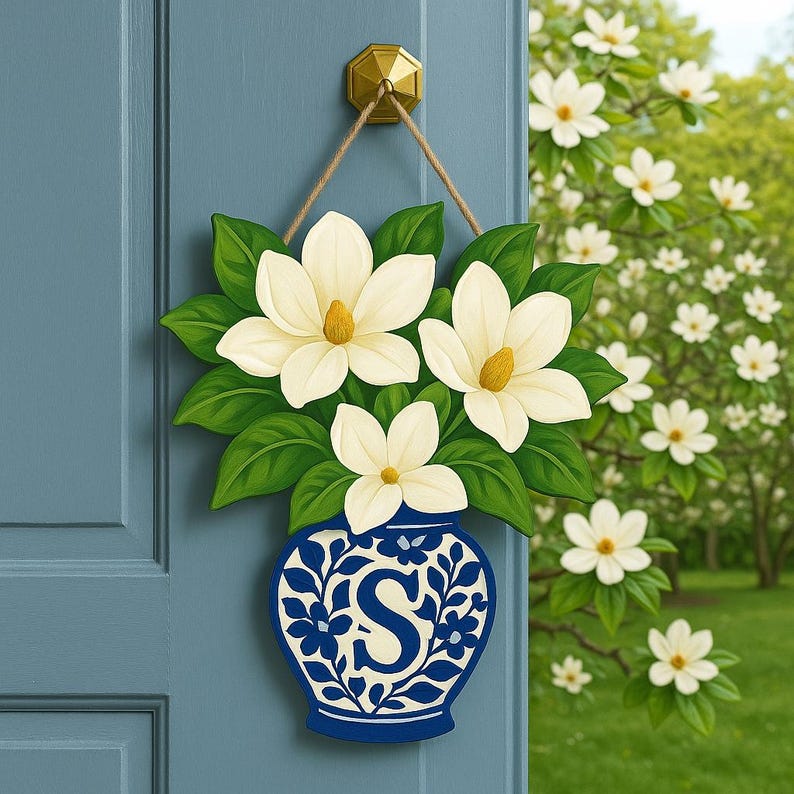 Magnolia Chinoiserie Vase Monogram Door Hanger | Blue and White Floral Front Door Decor | Personalized Spring Summer Door Sign