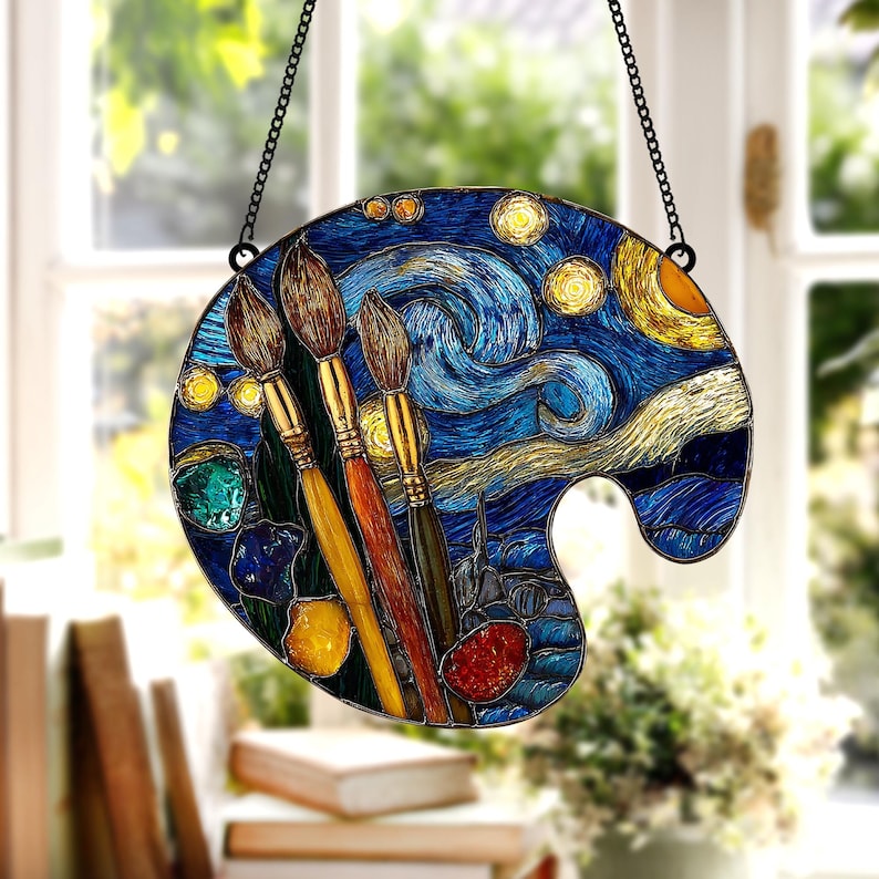 Artistic Paint Palette Faux Stained Glass Suncatcher Gift for Art Lovers, Teachers, Artist s Car Mirror Charm