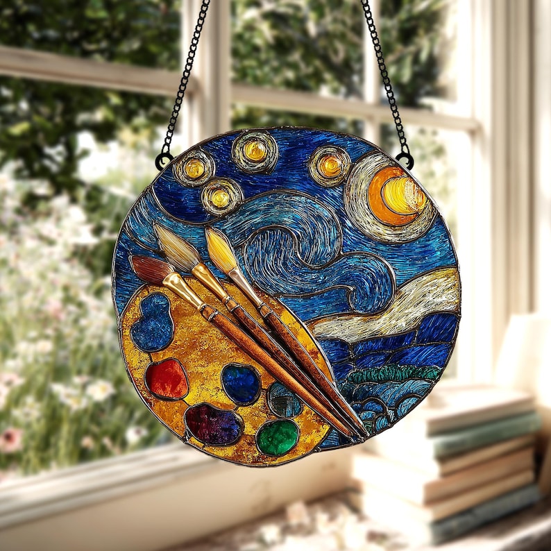 Artistic Paint Palette Faux Stained Glass Suncatcher Gift for Art Lovers, Teachers, Artist s Car Mirror Charm