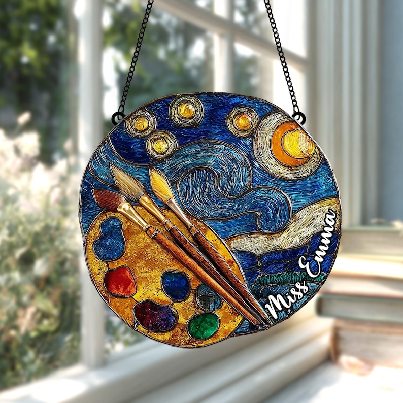Artistic Paint Palette Faux Stained Glass Suncatcher Gift for Art Lovers, Teachers, Artist s Car Mirror Charm