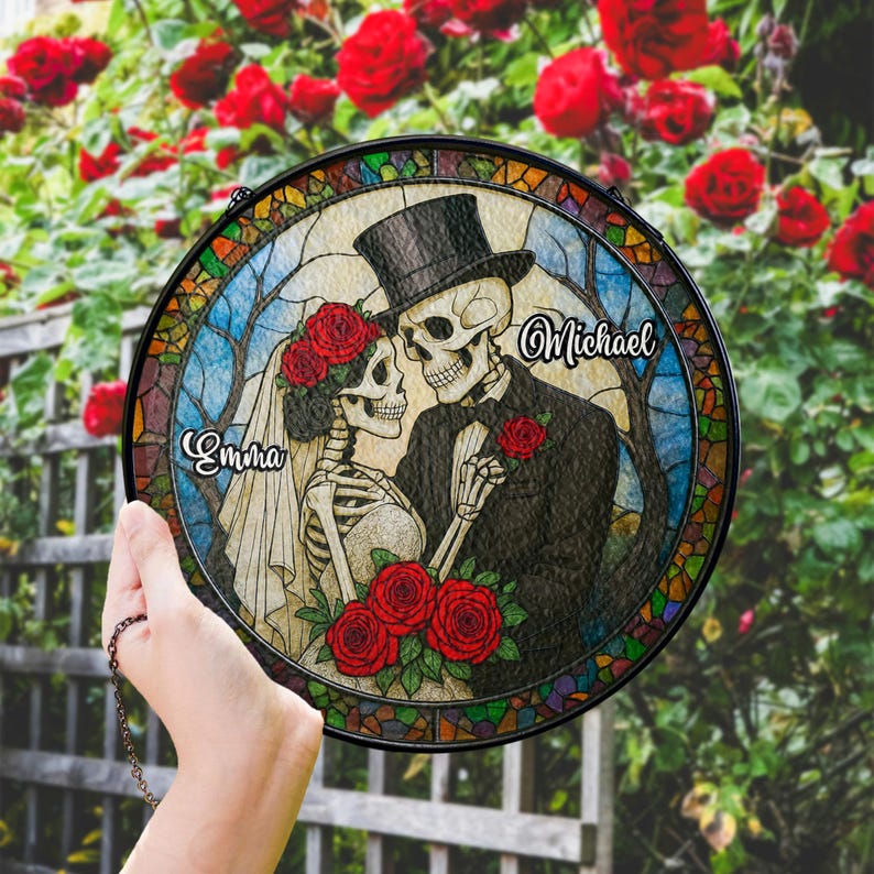 Personalized Skeleton Couple Stained Glass Suncatcher, Gothic Wedding Decor, Wedding Anniversary Gift, Halloween Gift for Couples