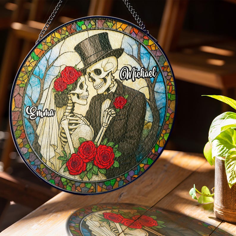 Personalized Skeleton Couple Stained Glass Suncatcher, Gothic Wedding Decor, Wedding Anniversary Gift, Halloween Gift for Couples