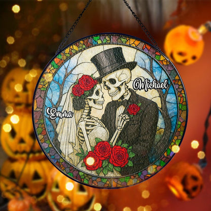 Personalized Skeleton Couple Stained Glass Suncatcher, Gothic Wedding Decor, Wedding Anniversary Gift, Halloween Gift for Couples