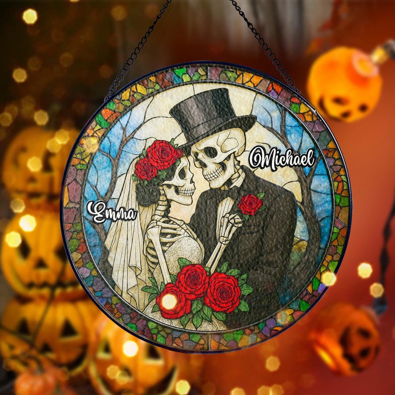 Personalized Skeleton Couple Stained Glass Suncatcher, Gothic Wedding Decor, Wedding Anniversary Gift, Halloween Gift for Couples