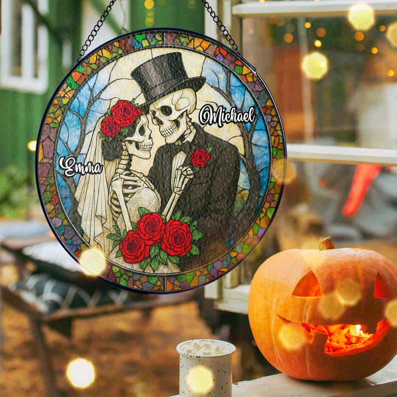 Personalized Skeleton Couple Stained Glass Suncatcher, Gothic Wedding Decor, Wedding Anniversary Gift, Halloween Gift for Couples
