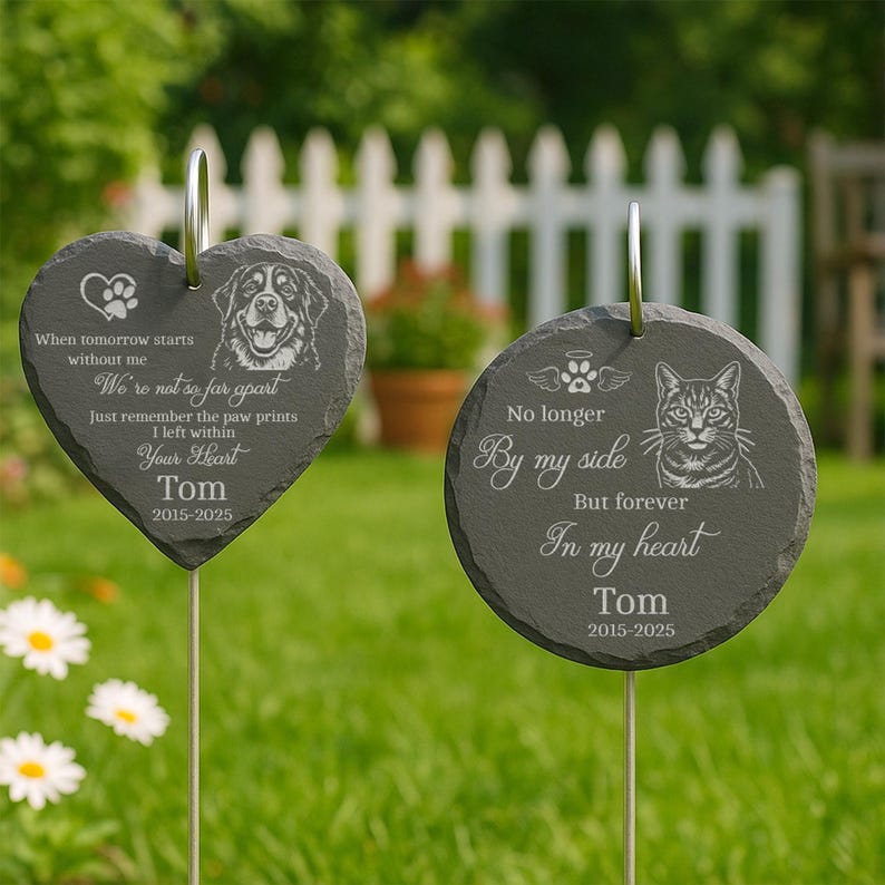 Laser Engraved Pet Memorial Stone Custom Garden Hanging Plaque with Stake, Personalized Outdoor Dog or Cat Loss Gift, Pet Tribute Keepsake