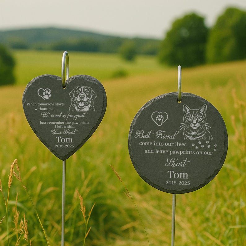 Laser Engraved Pet Memorial Stone Custom Garden Hanging Plaque with Stake, Personalized Outdoor Dog or Cat Loss Gift, Pet Tribute Keepsake