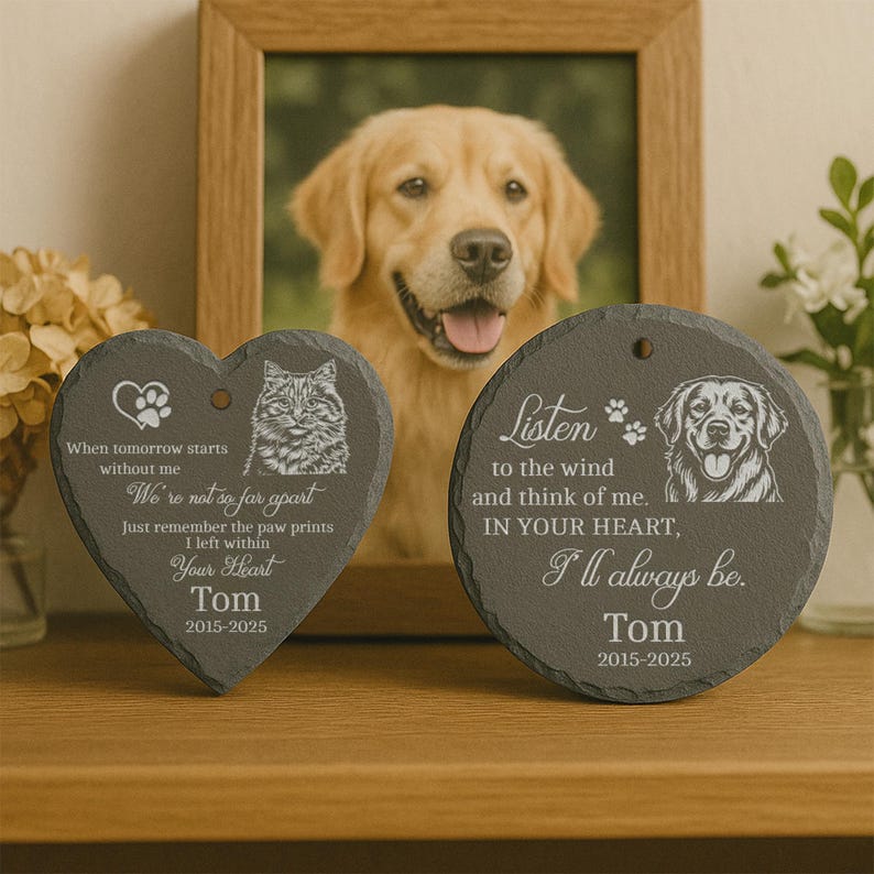 Laser Engraved Pet Memorial Stone Custom Garden Hanging Plaque with Stake, Personalized Outdoor Dog or Cat Loss Gift, Pet Tribute Keepsake