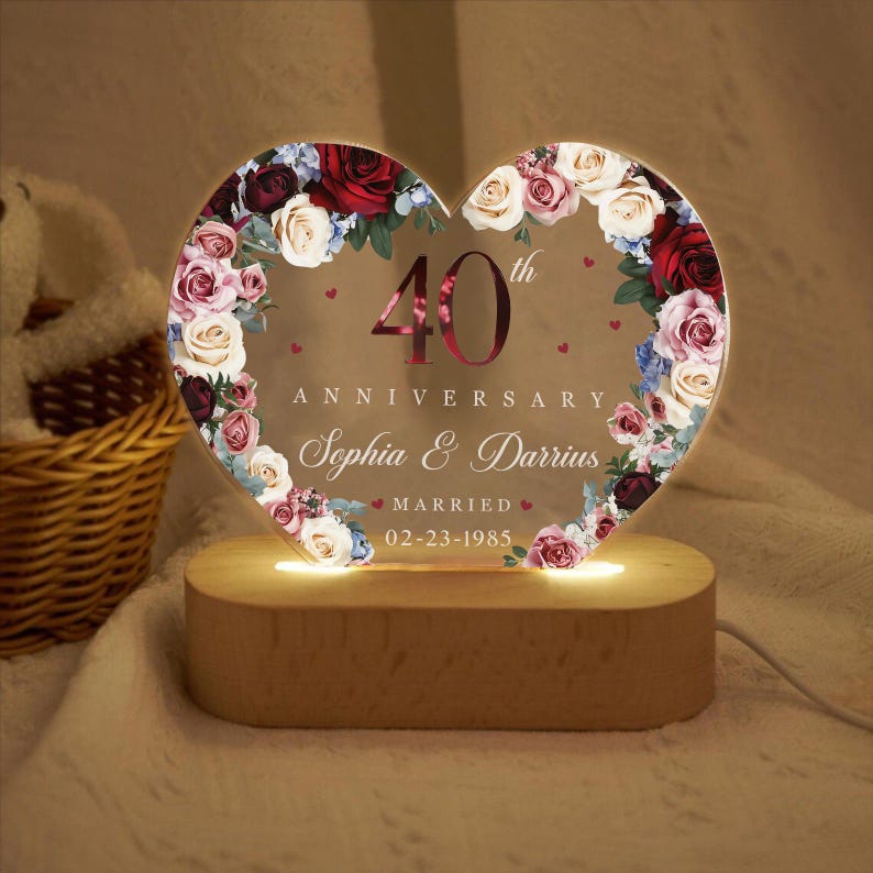 Custom 40th Anniversary 3D LED light, Ruby Wedding Gift, 40th Anniversary Gift For Parents, 40th Wedding Anniversary Gift Wedding Gifts