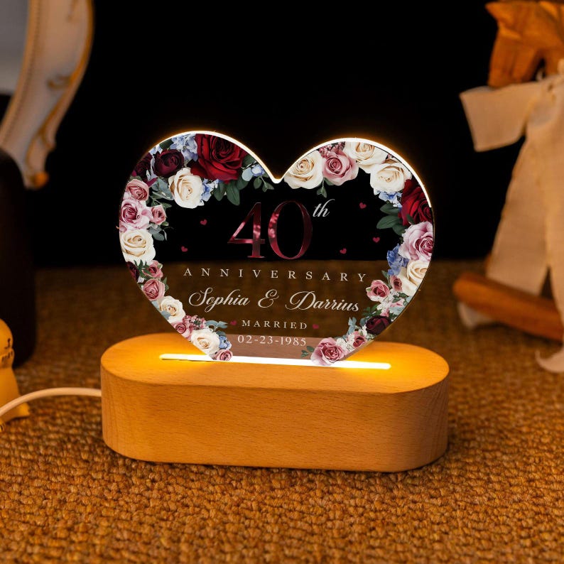Custom 40th Anniversary 3D LED light, Ruby Wedding Gift, 40th Anniversary Gift For Parents, 40th Wedding Anniversary Gift Wedding Gifts