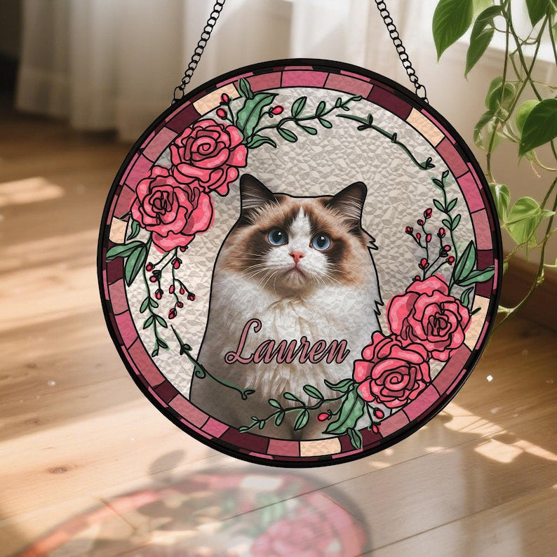 Custom Pet Portrait Stained Glass Suncatcher, Stained Glass cat Memorial, Custom cat Portrait from Photo, Stained glass cat, pet loss gifts