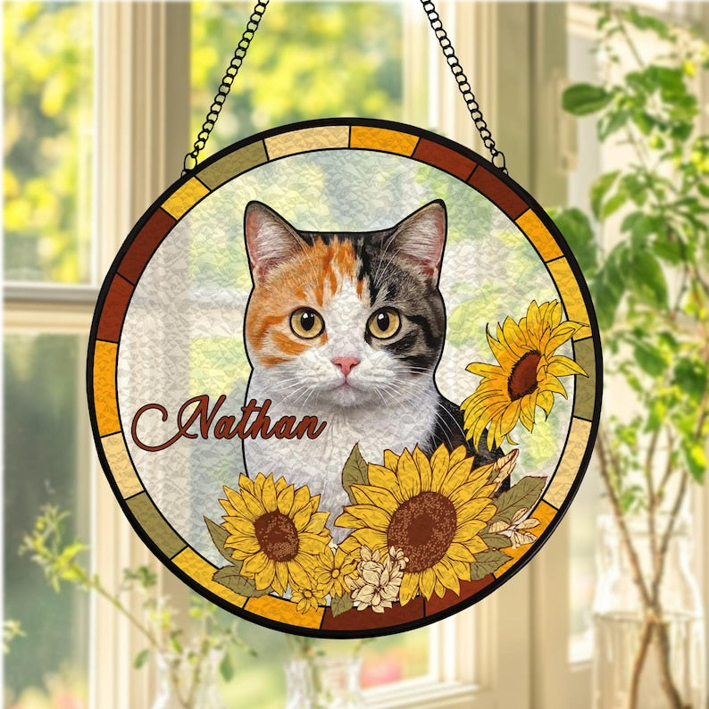 Custom Pet Portrait Stained Glass Suncatcher, Stained Glass cat Memorial, Custom cat Portrait from Photo, Stained glass cat, pet loss gifts