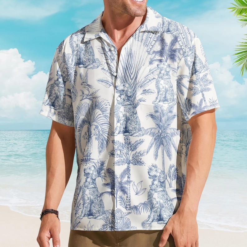 Personalized Hawaiian Shirt for Dog Lovers, Toile De Jouy Style Custom Dog Breeds, Funny Hawaiian Set, Summer Vacation Gifts