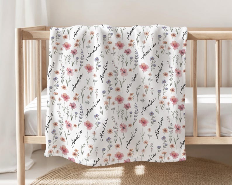 Personalized Wildflower Baby Blanket, Custom Baby Name Blanket, Newborn Girl Nursery Decor, Newborn Swaddle, Hospital Blanket, Gift for Baby