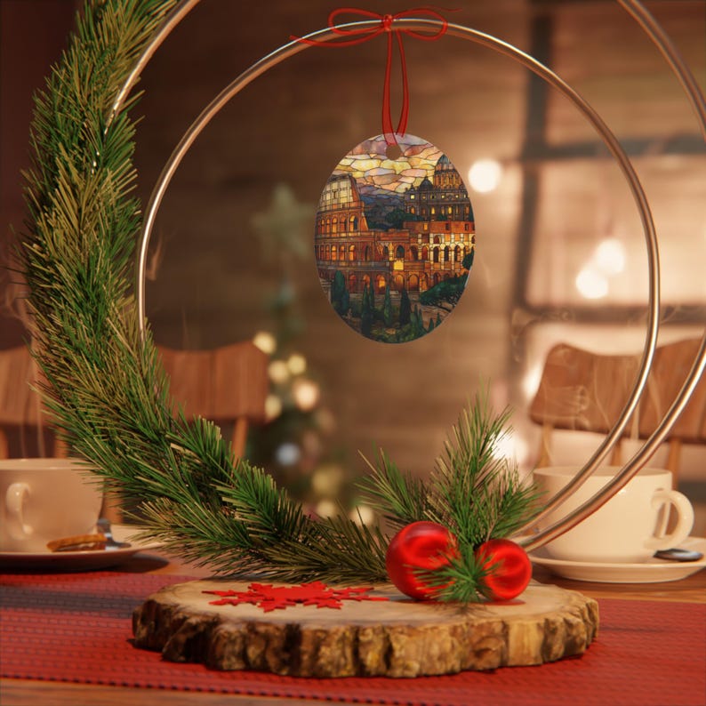 Rome Ornament | Stained Glass Style Italy Christmas Tree Decoration, Colosseum Holiday Gift, European Winter Travel Keepsake