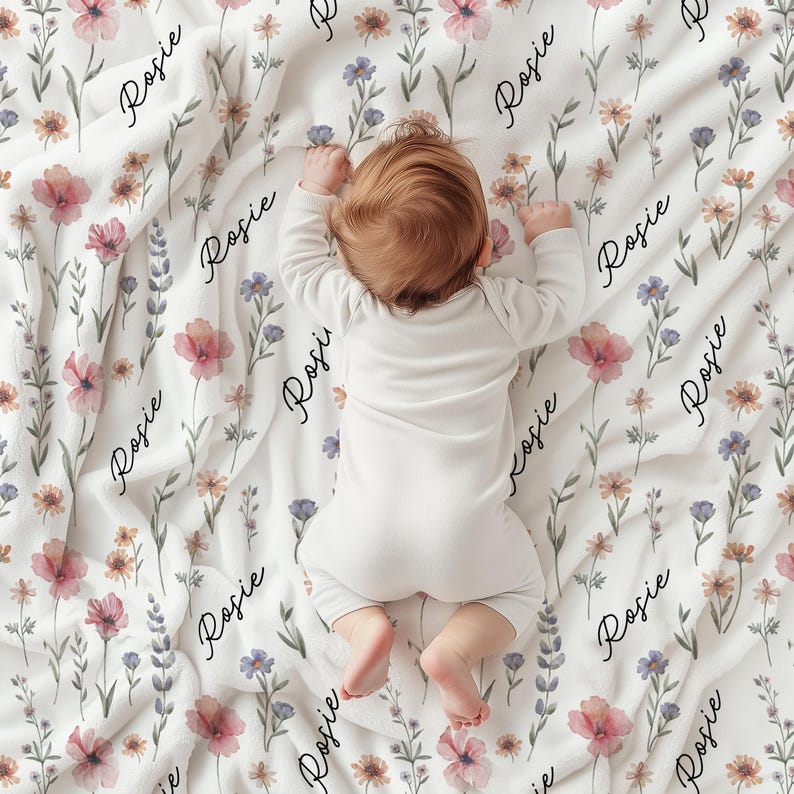Personalized Wildflower Baby Blanket, Custom Baby Name Blanket, Newborn Girl Nursery Decor, Newborn Swaddle, Hospital Blanket, Gift for Baby