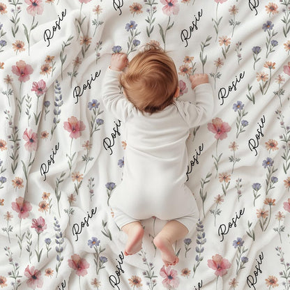Personalized Wildflower Baby Blanket, Custom Baby Name Blanket, Newborn Girl Nursery Decor, Newborn Swaddle, Hospital Blanket, Gift for Baby