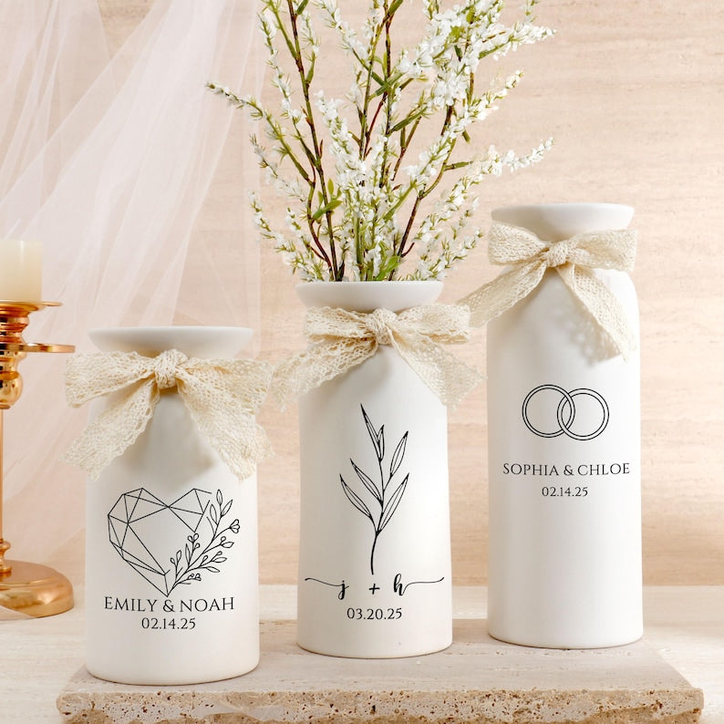 Ceramic Wedding Flower Vase With Name & Date,Custom Engagement Flower Vase,Gift for Newlywed,Engagement Gift,Wedding Gift,Bridal Shower Gift (No Bow)