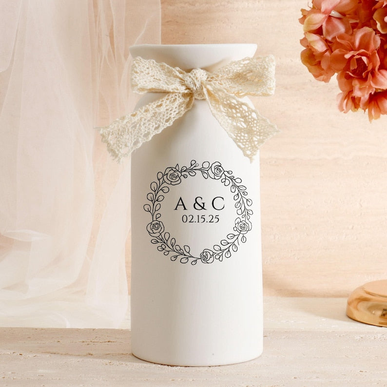Ceramic Wedding Flower Vase With Name & Date,Custom Engagement Flower Vase,Gift for Newlywed,Engagement Gift,Wedding Gift,Bridal Shower Gift (No Bow)