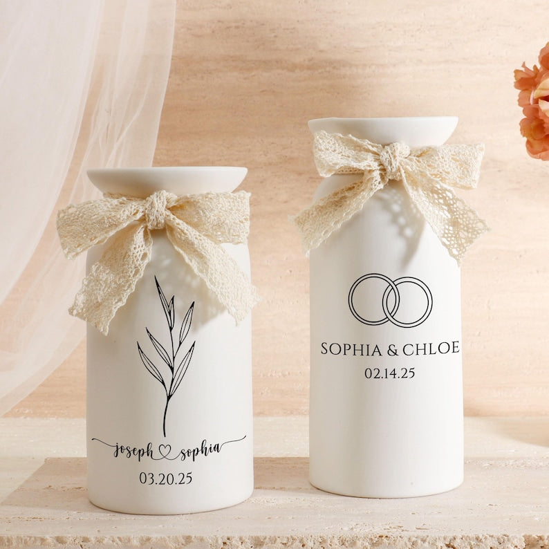 Ceramic Wedding Flower Vase With Name & Date,Custom Engagement Flower Vase,Gift for Newlywed,Engagement Gift,Wedding Gift,Bridal Shower Gift (No Bow)