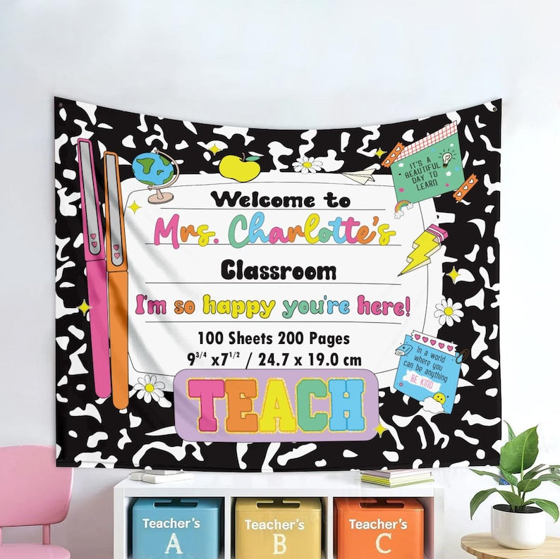 Personalized Teacher Tapestry for Back to School, Custom Welcome Classroom Banner, Classroom Tapestry Decoration, Teacher Name Sign