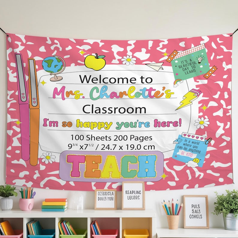 Personalized Teacher Tapestry for Back to School, Custom Welcome Classroom Banner, Classroom Tapestry Decoration, Teacher Name Sign