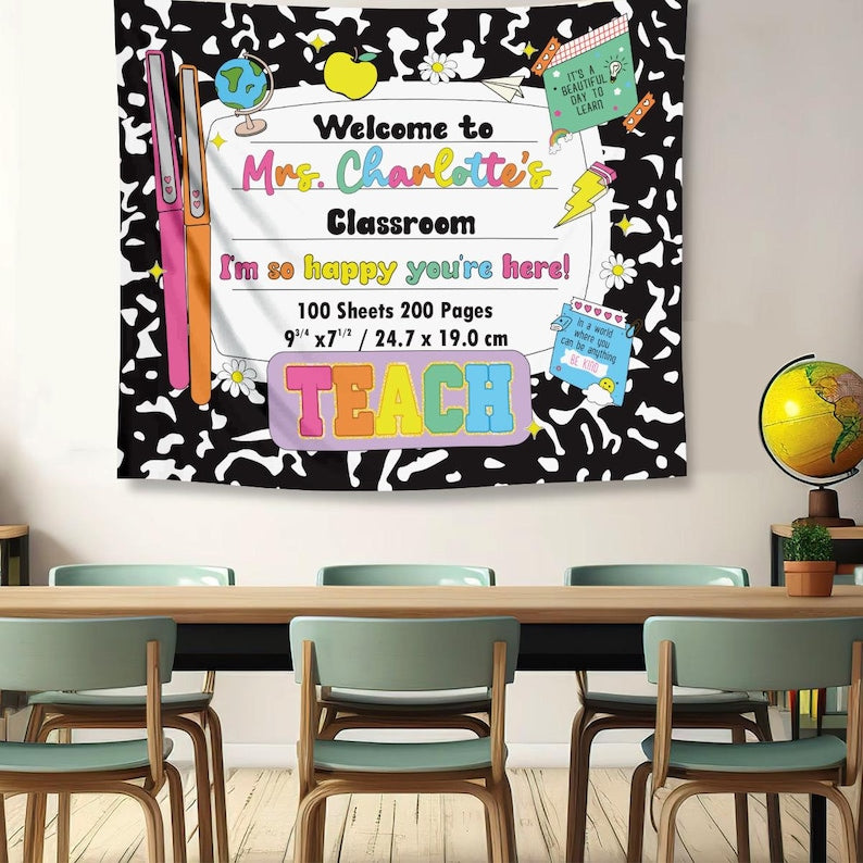 Personalized Teacher Tapestry for Back to School, Custom Welcome Classroom Banner, Classroom Tapestry Decoration, Teacher Name Sign
