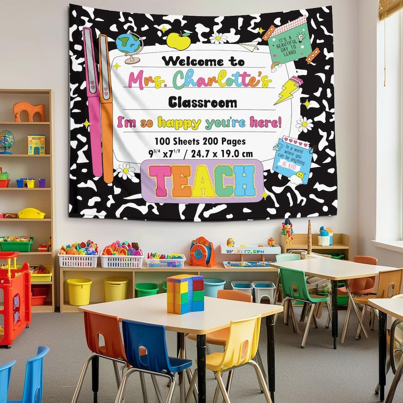 Personalized Teacher Tapestry for Back to School, Custom Welcome Classroom Banner, Classroom Tapestry Decoration, Teacher Name Sign
