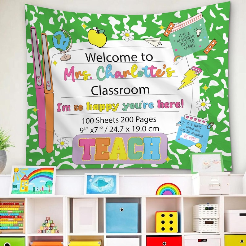 Personalized Teacher Tapestry for Back to School, Custom Welcome Classroom Banner, Classroom Tapestry Decoration, Teacher Name Sign