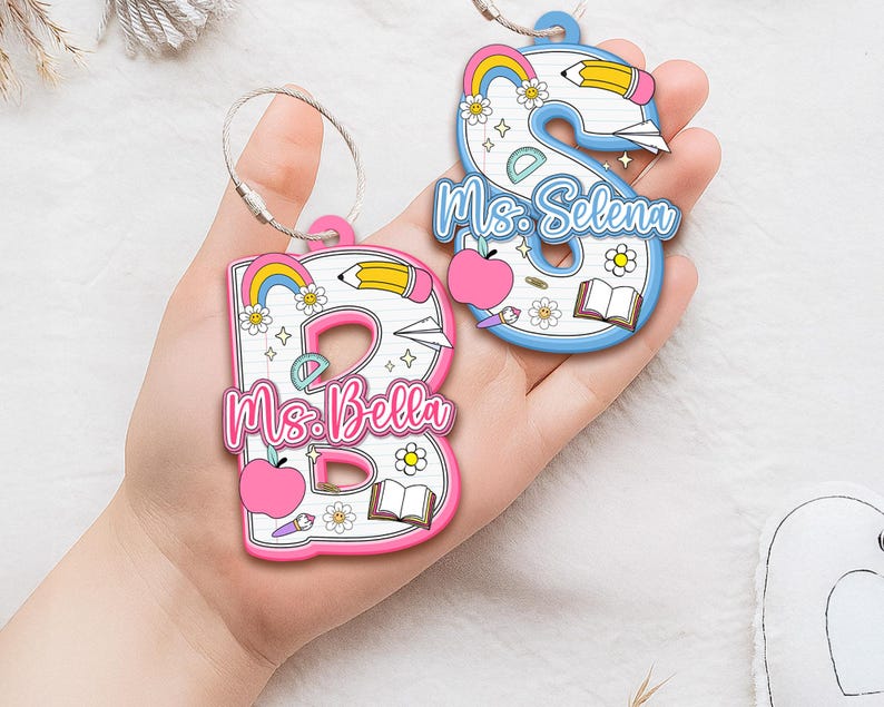 Personalized Teacher Initial Keychain, Back To School Gift, Custom Backpack Teacher Name Tag, Letter Charm, Kids Name Tag, Teacher Gift